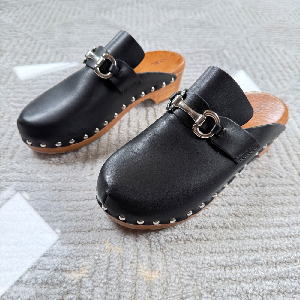 Axel Horsebit Leather Clog Mules Women's 38 Black Studded Italy Retro Boho 70s